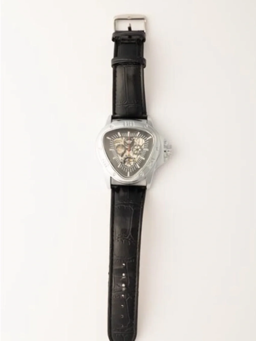 Triangular Silver Case Skeleton Dial Watch with Black Leather Strap